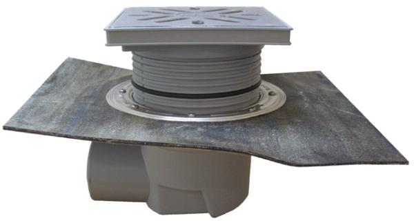 Perfektablauf DN110 waagrecht mit Bitumenmanschette und Wassergeruchsverschluss, 240x240mm / Edelstahlrost 226x226mm HL615HSW